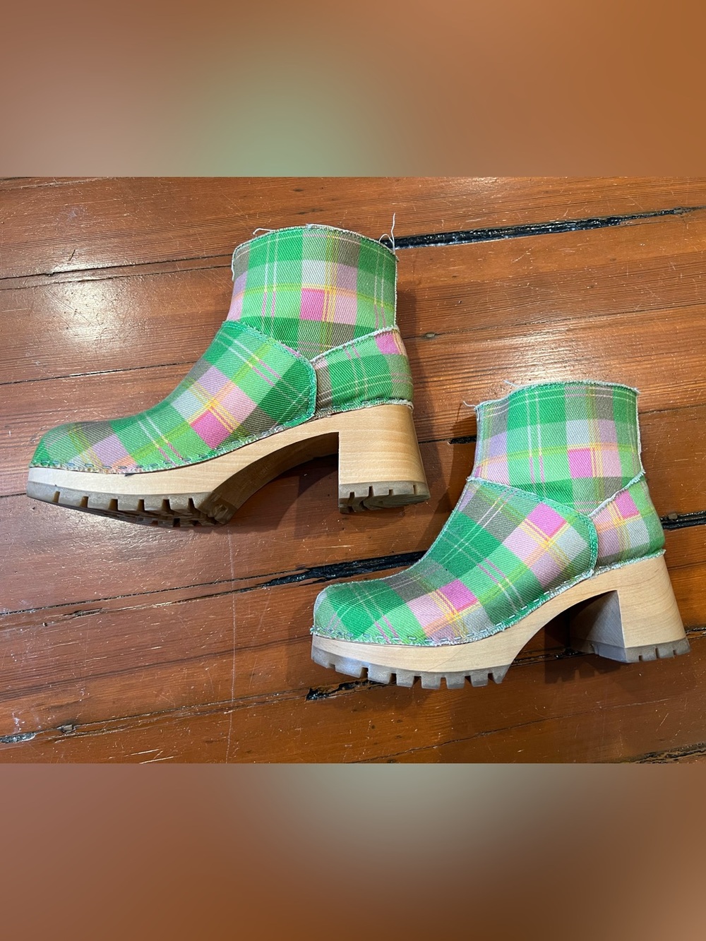 Swedish Hasbeens Green Plaid Platform Ankle Booties
